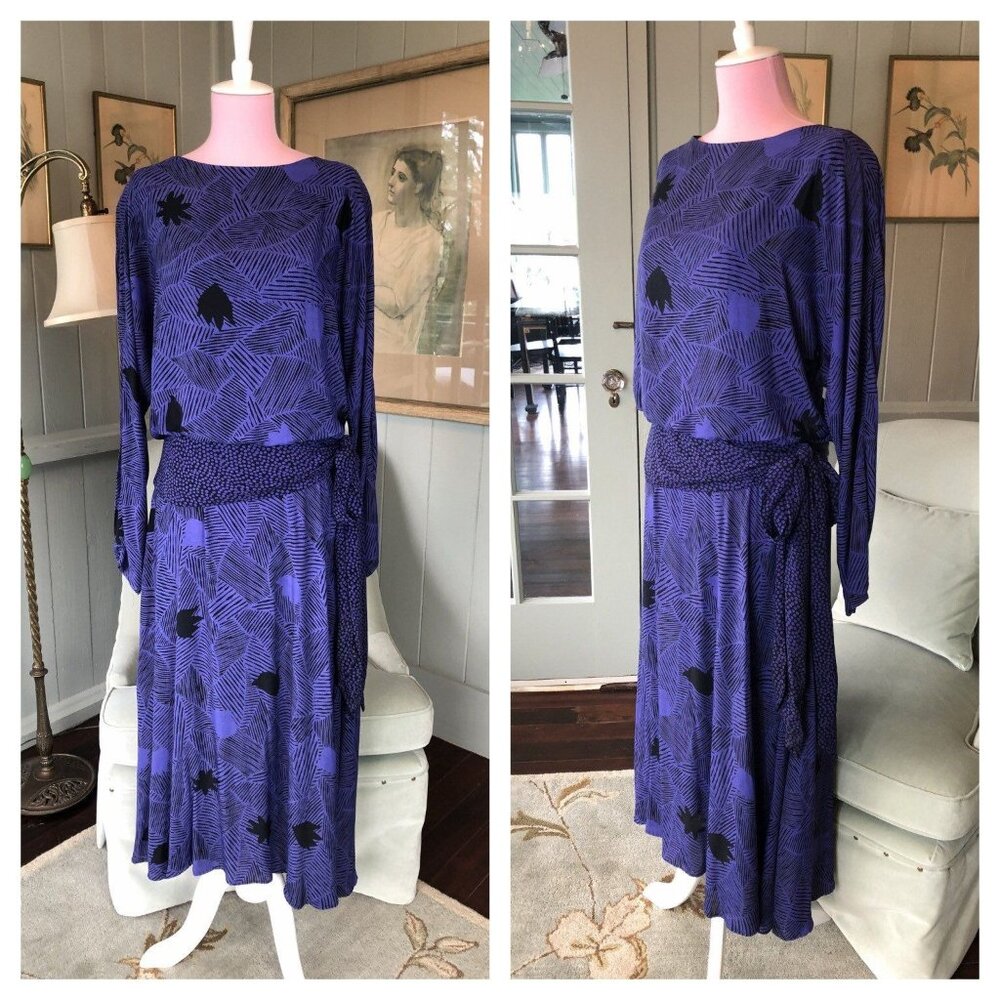 Silk DressVintage 80s Silk Midi Dress, Shoulder Pads Small Medium S M